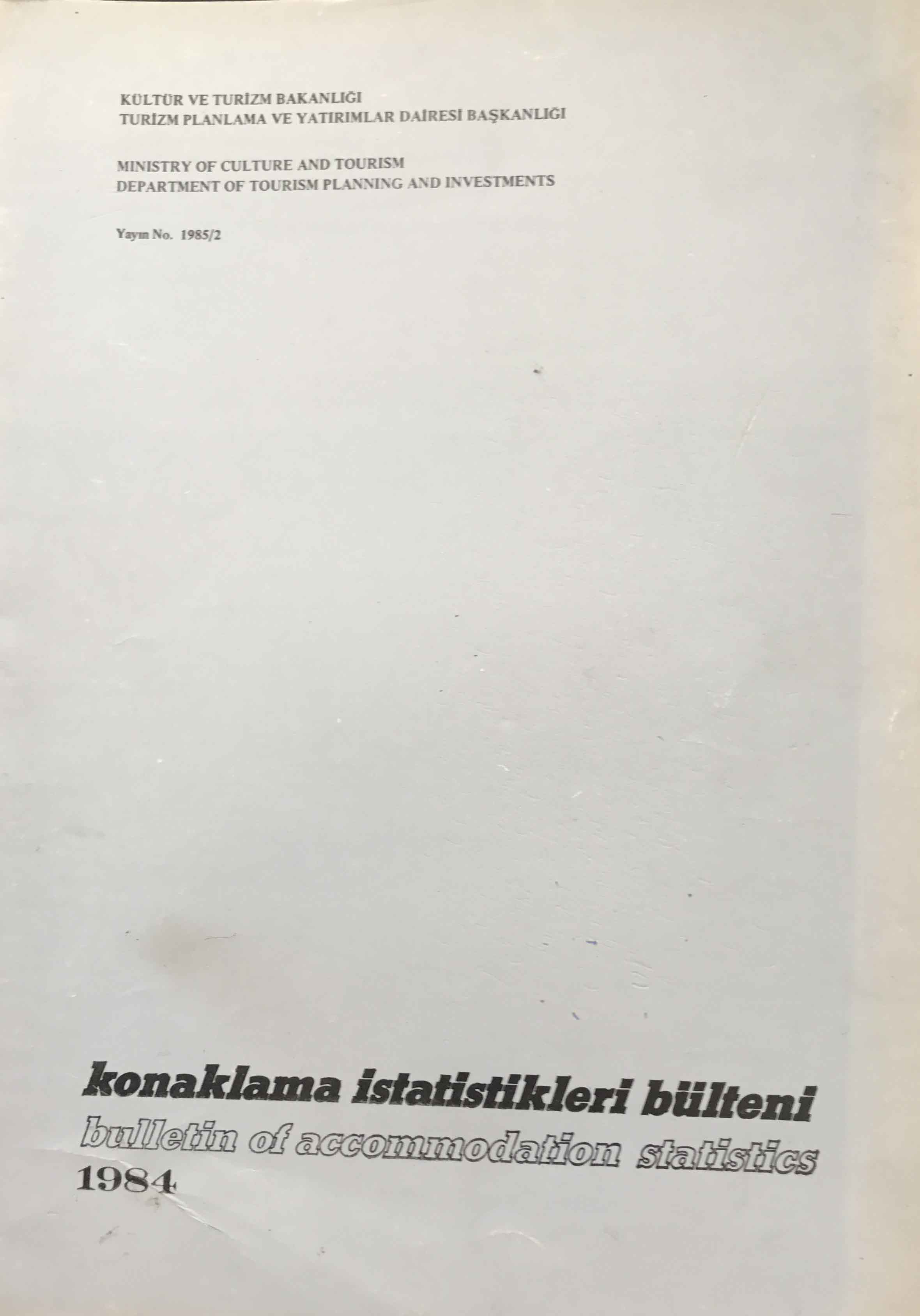 Konaklama İstatistikleri Bülteni 1984 Kitap Kapağı