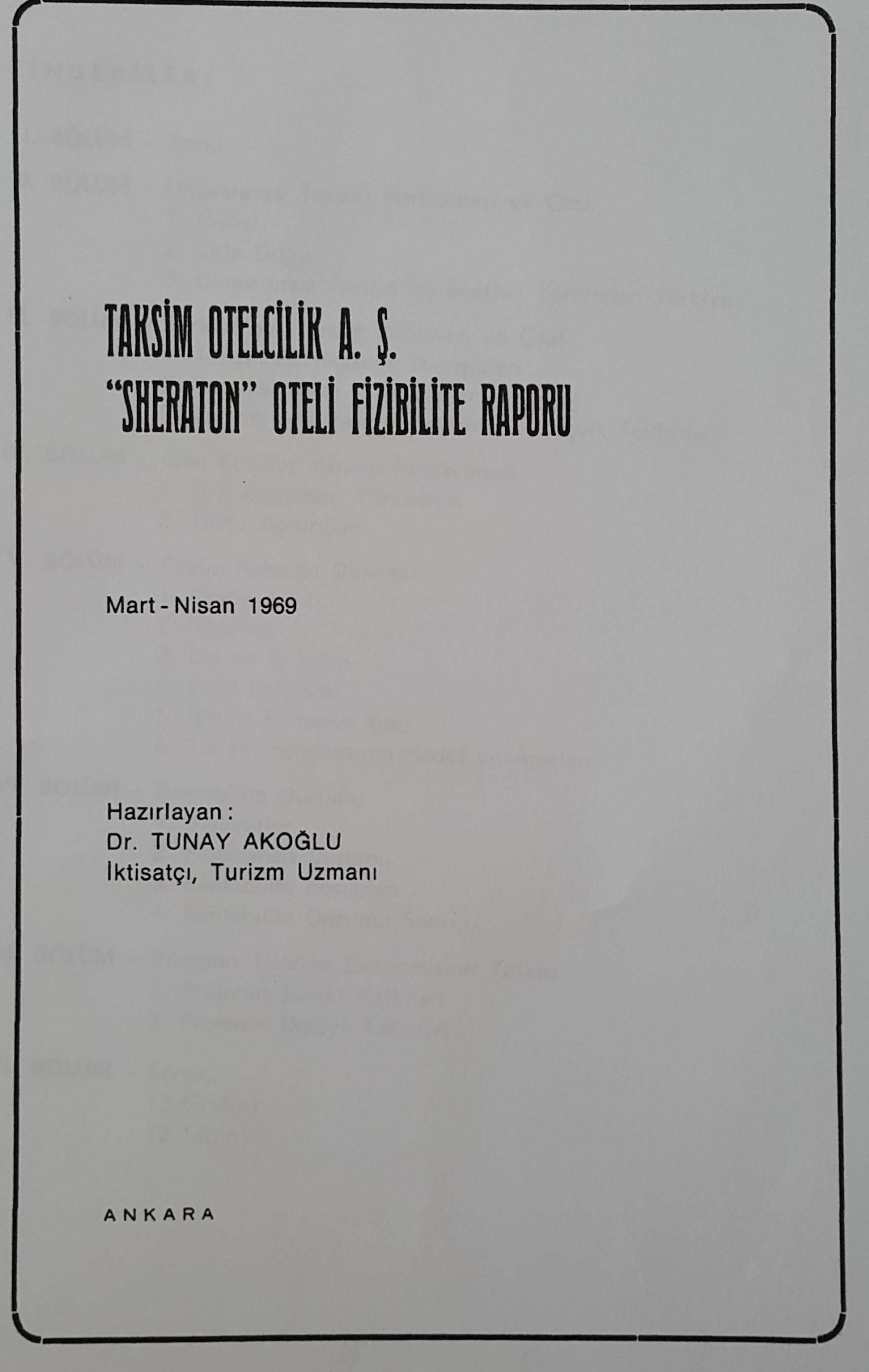 Taksim Otelcilik A.Ş. "Sheraton" Oteli Fizibilite Raporu Kitap Kapağı